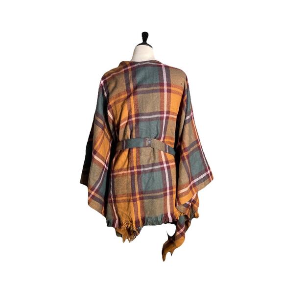 David And Young Plaid Pattern Belted Waist Fringe Open Front Poncho Tie Waist - Picture 6 of 6